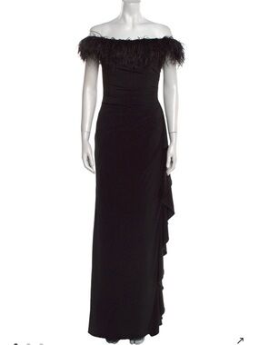 Jovani Black Off-Shoulder Feather-Trim Evening Gown